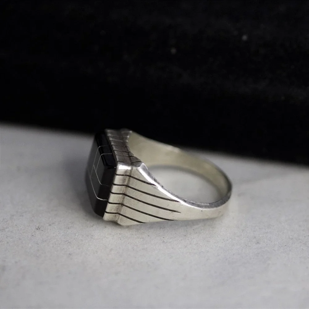 Sterling Silver Black Inlay Geometric Signet Ring Size 13 Modernist Design